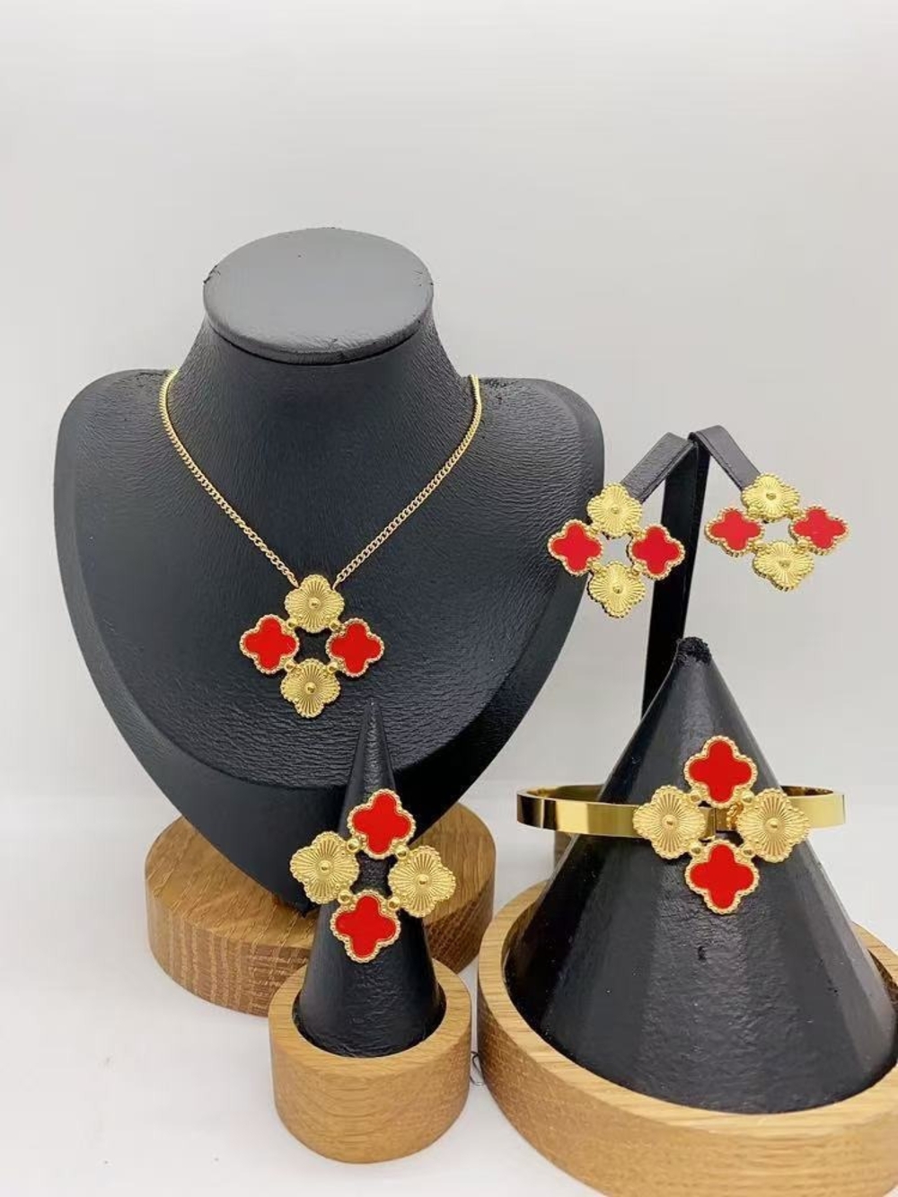 Gold-Tone Necklace, Bracelet & Earring Set with Red Clover Accents